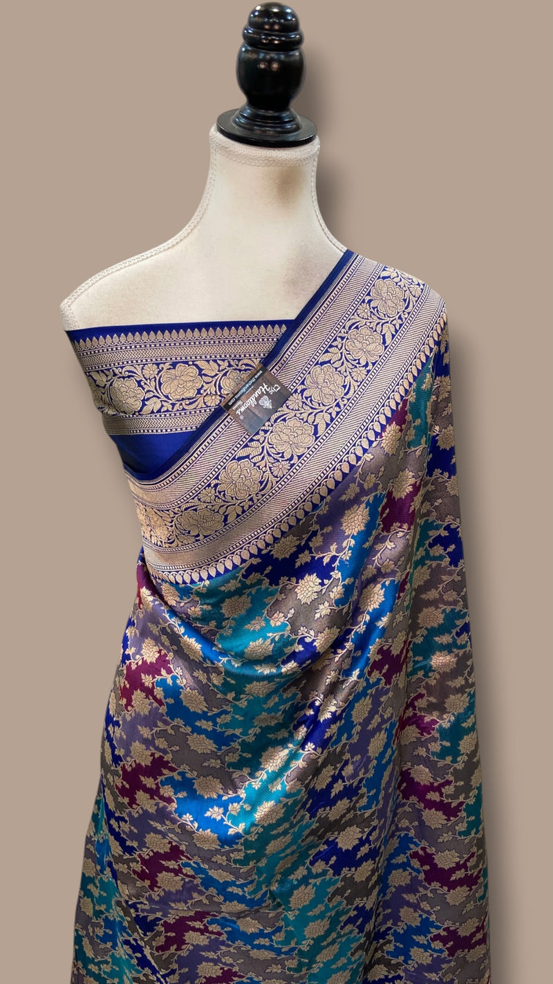 Multicolor Pure Katan Silk Banarasi Handloom Saree - All over Jaal Work With Rangkart