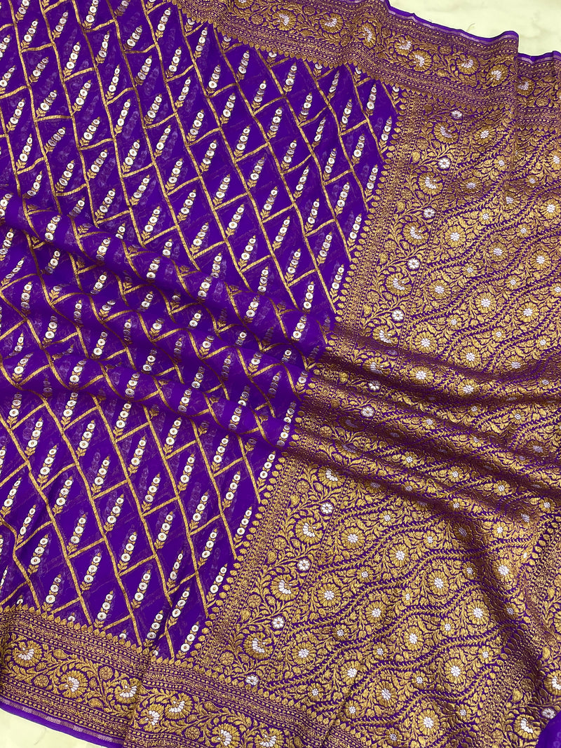 Khaddi Georgette Banarasi Saree -  Antique Roopa zari - The Handlooms