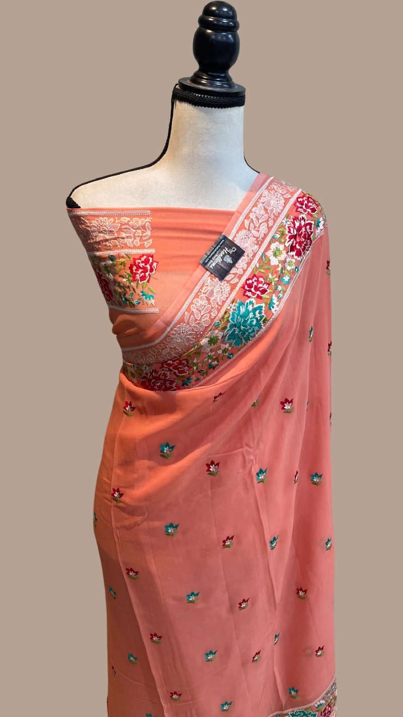Pure Georgette Chikankari Handloom Banarasi Saree - The Handlooms