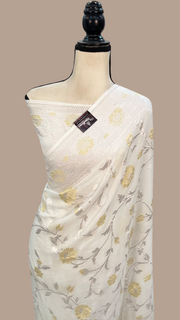 White Khaddi Georgette Handloom Banarasi Saree - All over Roopa Sona Jaal Work - The Handlooms