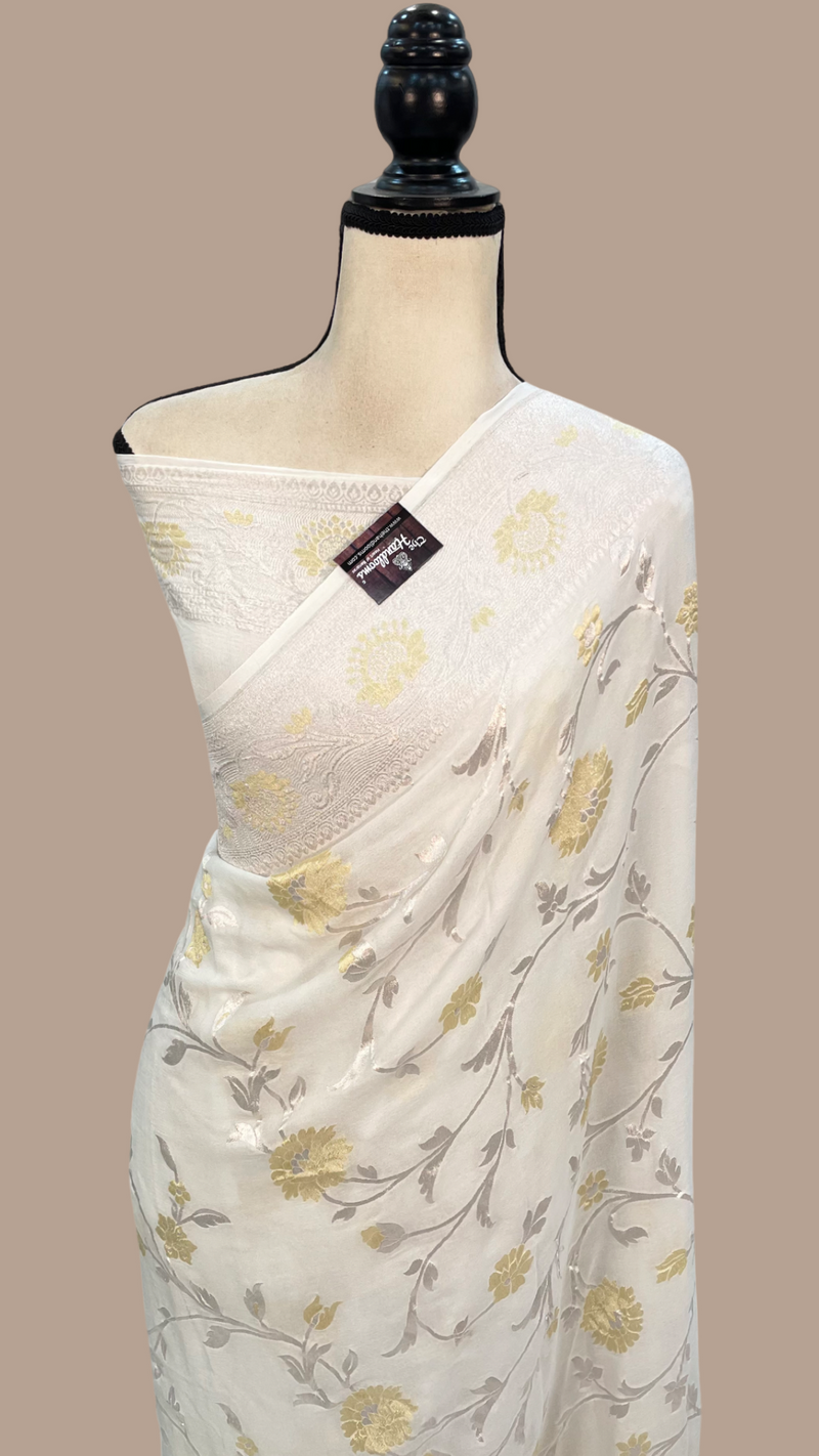 White Khaddi Georgette Handloom Banarasi Saree - All over Roopa Sona Jaal Work - The Handlooms