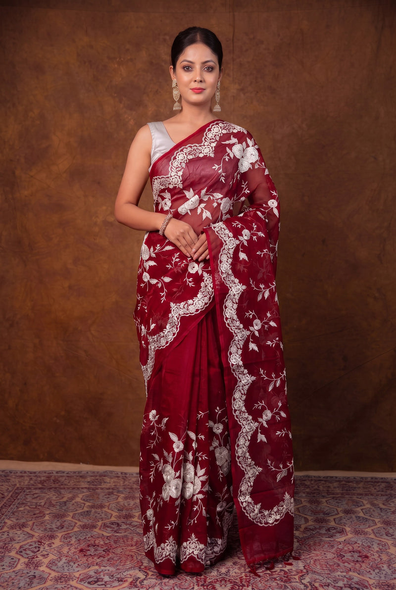 Maroon Pure organza Chikankari Handloom Banarasi Saree