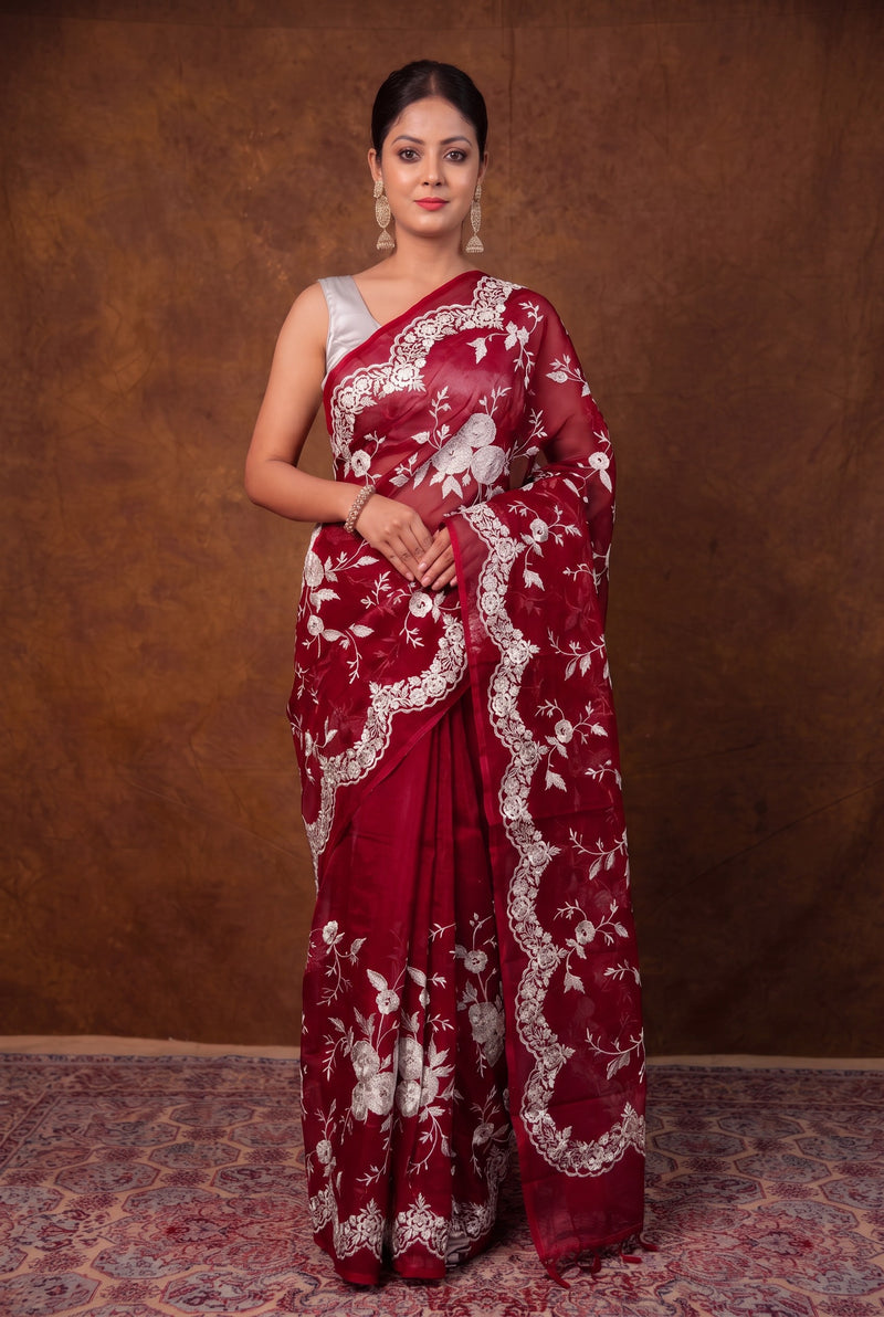 Maroon Pure organza Chikankari Handloom Banarasi Saree
