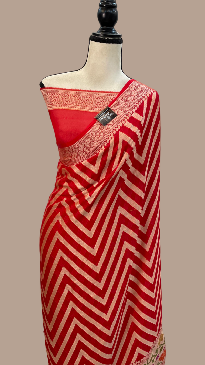 Red Pure Chiffon Khaddi Banarasi Saree - The Handlooms