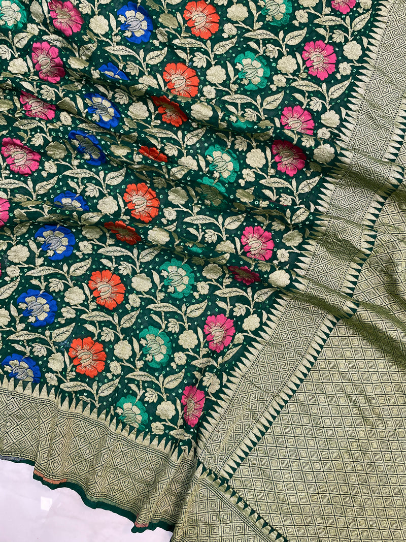 Pure Georgette Banarasi Bandhej Handloom Saree - with meenakari work - The Handlooms