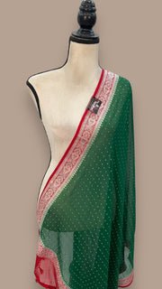 Pure Georgette Handwoven Dupatta - Green Red silver zari - The Handlooms