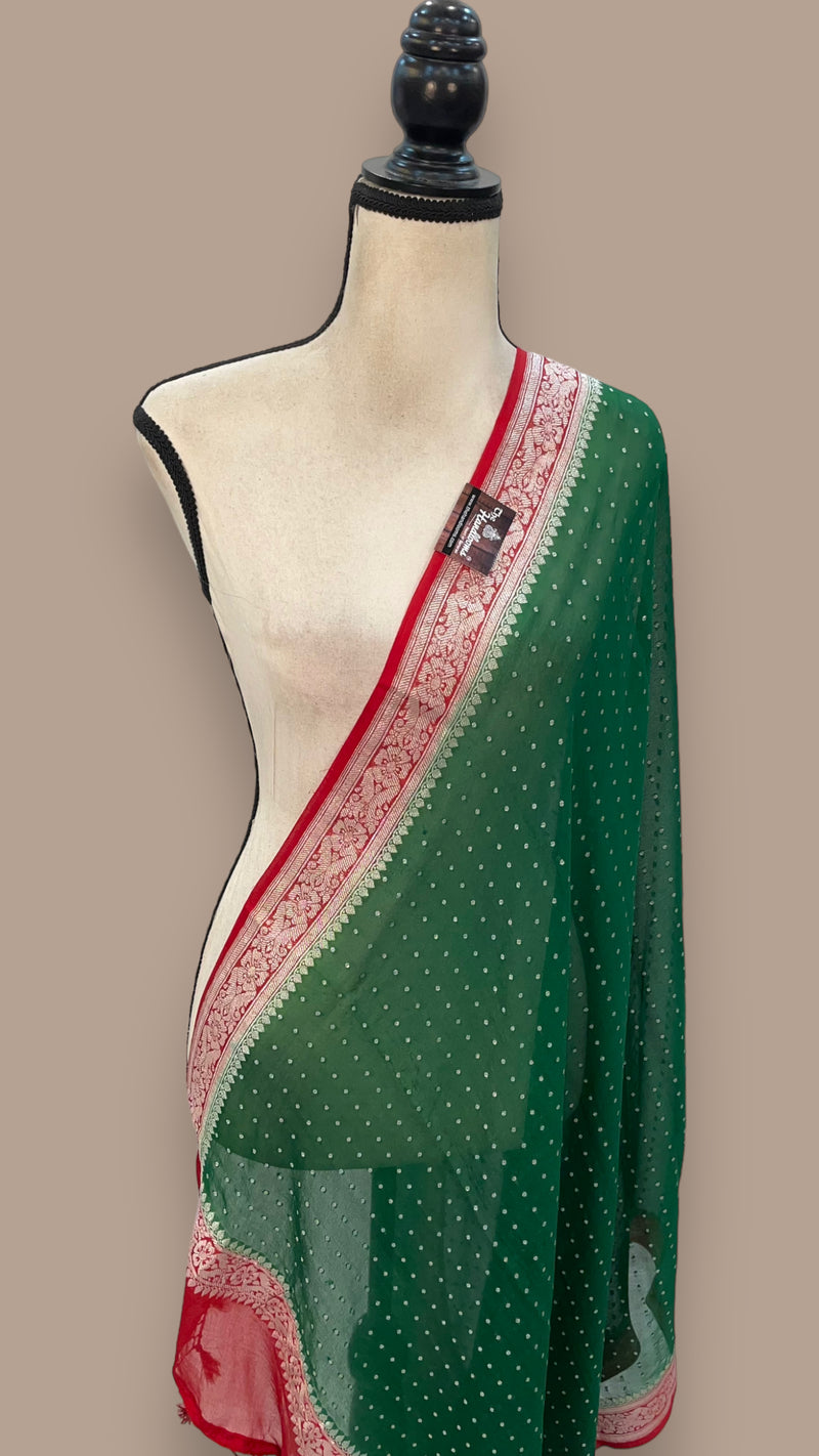Pure Georgette Handwoven Dupatta - Green Red silver zari - The Handlooms
