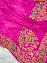 Pink Pure Georgette Banarasi Bandhej Handloom Dupatta - The Handlooms