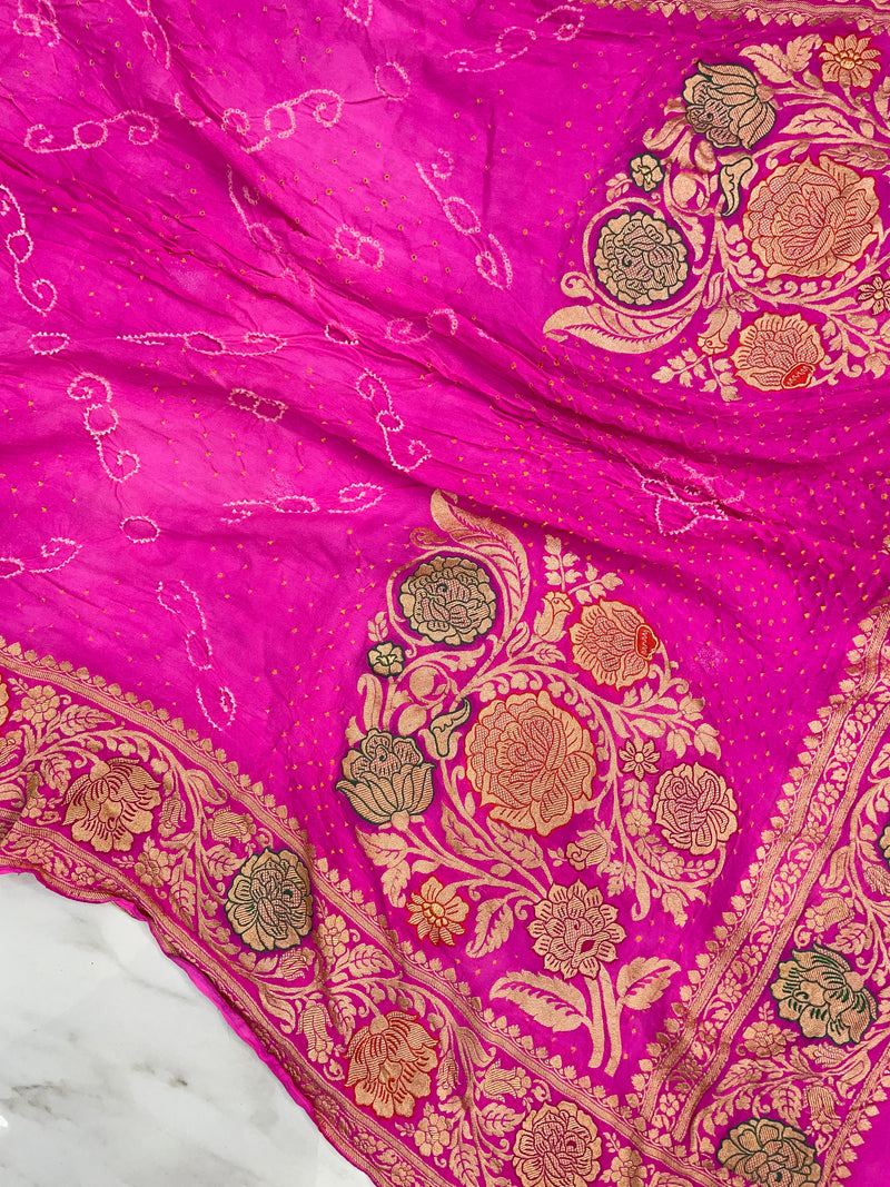 Pink Pure Georgette Banarasi Bandhej Handloom Dupatta - The Handlooms
