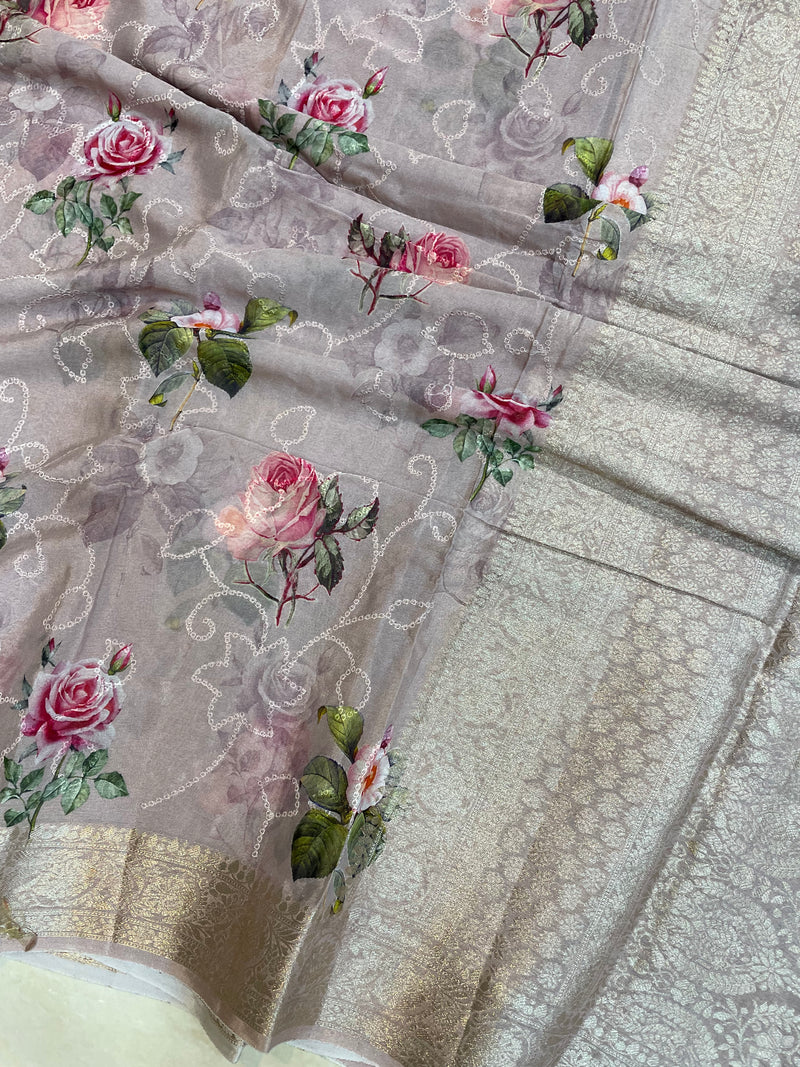 Pure Georgette  Digital Print with Chikankari Handloom Banarasi Saree - The Handlooms