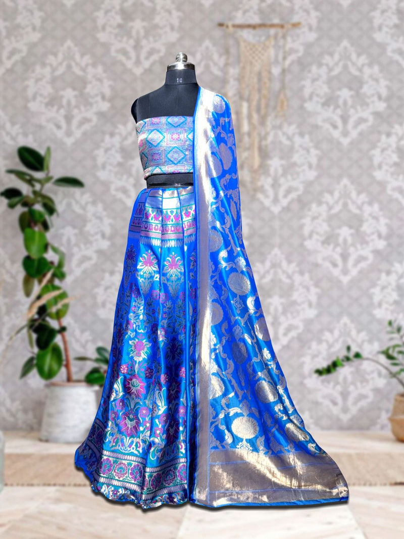 Pure Katan Silk Handloom Banarasi Lehenga All Over Sona Roopa Jaal Work With Stitched - The Handlooms