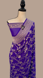 Purple Pure Khaddi Georgette Banarasi Saree -  Gold zari - The Handlooms