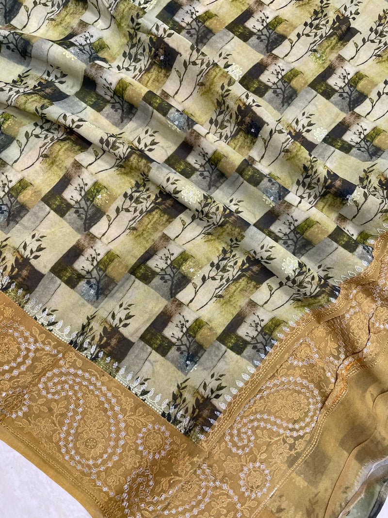Pure Georgette  Digital Print with Chikankari Handloom Banarasi Saree - The Handlooms
