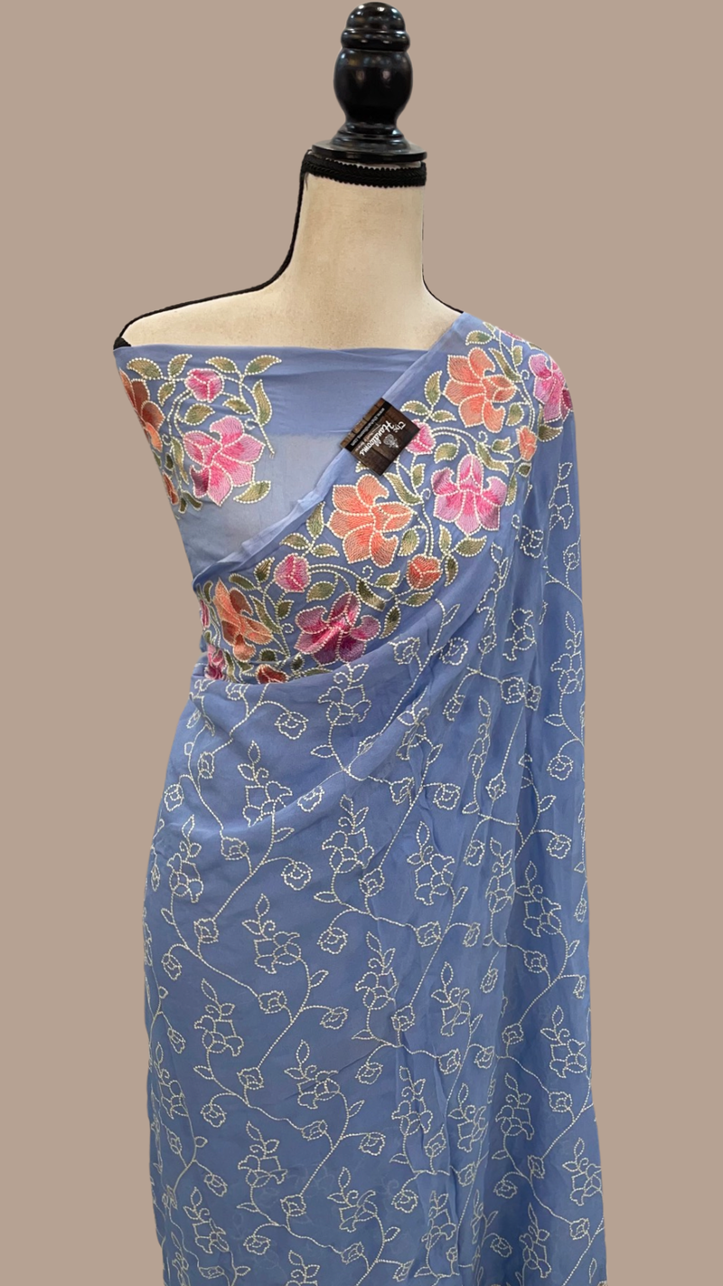 Pure Georgette Chikankari Handloom Banarasi Saree - The Handlooms