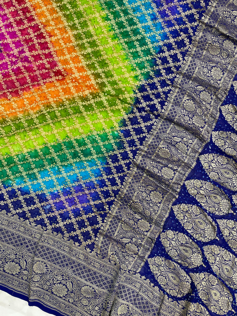 Pure Georgette Banarasi Bandhej Handloom Saree Multi shade - The Handlooms