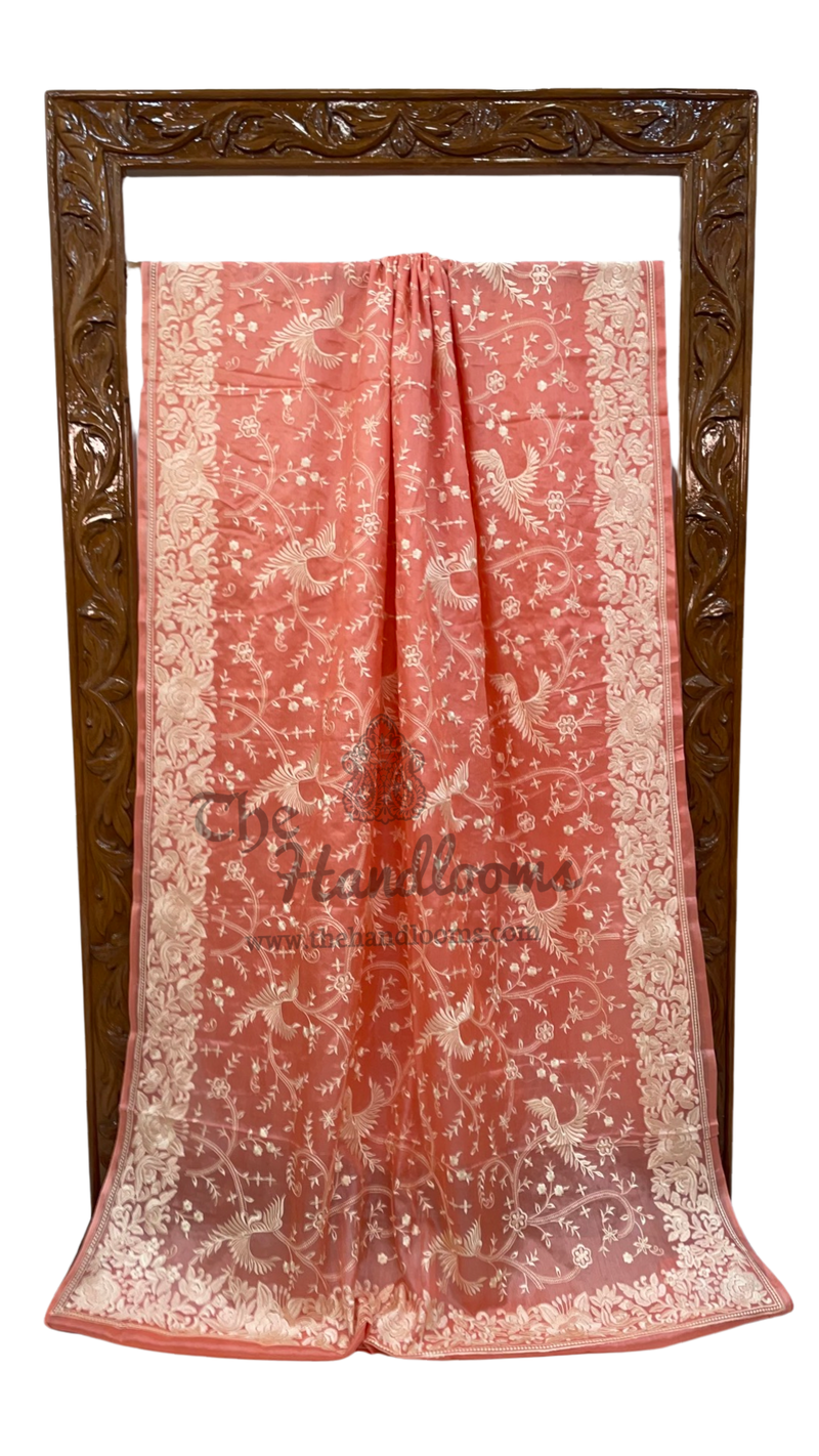 Peach Tussar Silk Handloom Banarasi Saree With Chikankari - The Handlooms