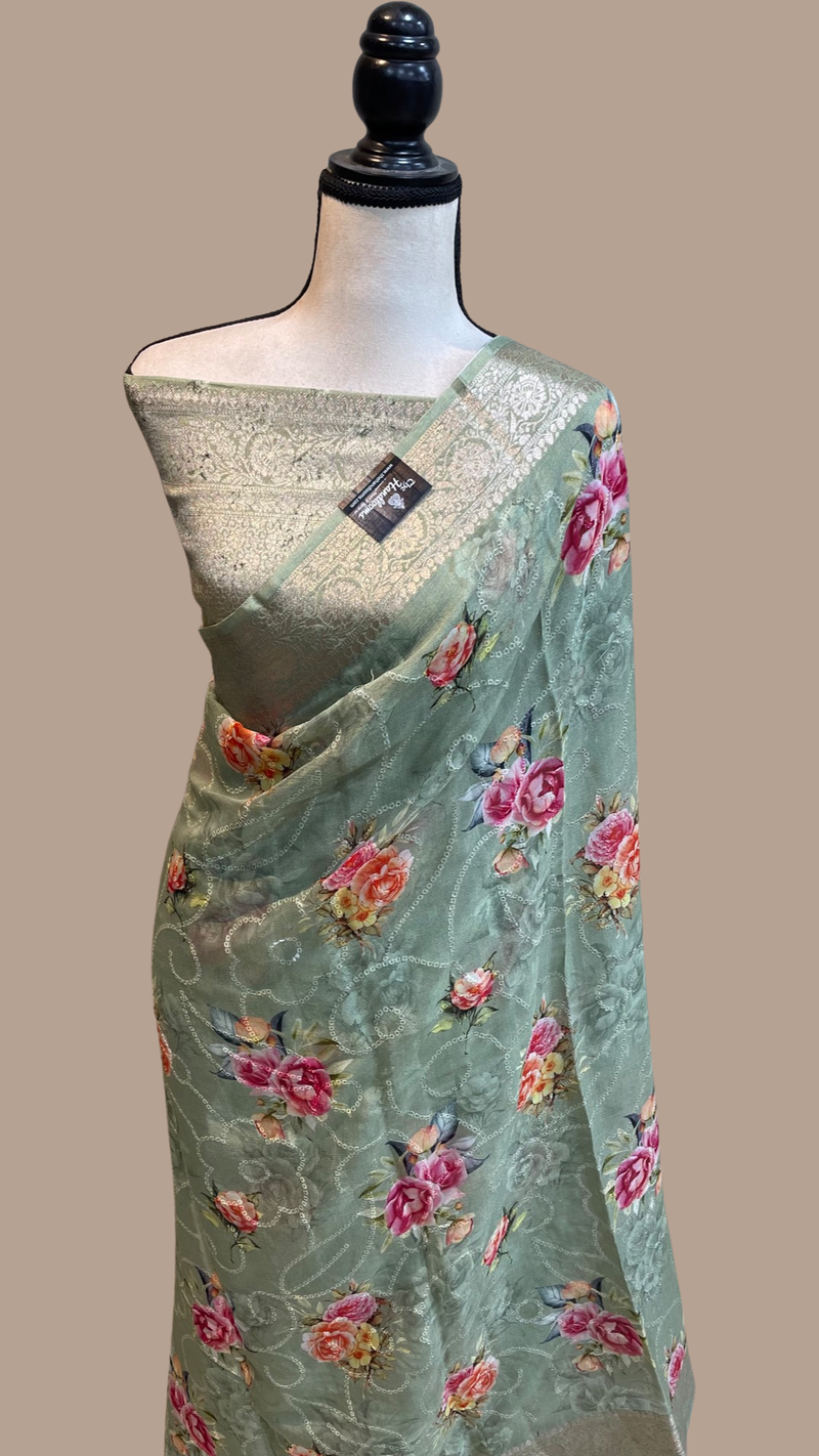 Pure Georgette  Digital Print with Chikankari Handloom Banarasi Saree - The Handlooms