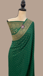 Green Pure Khaddi Crepe Georgette Handloom Banarasi Saree - The Handlooms