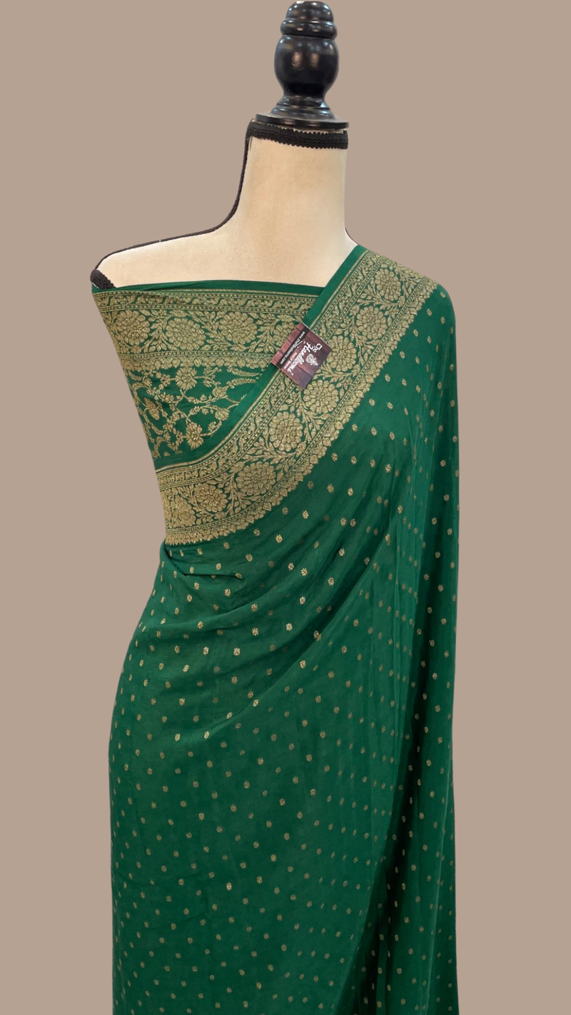 Green Pure Khaddi Crepe Georgette Handloom Banarasi Saree - The Handlooms