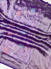 Purple Pure Tussar Georgette Brocade Handloom Banarasi Saree - The Handlooms