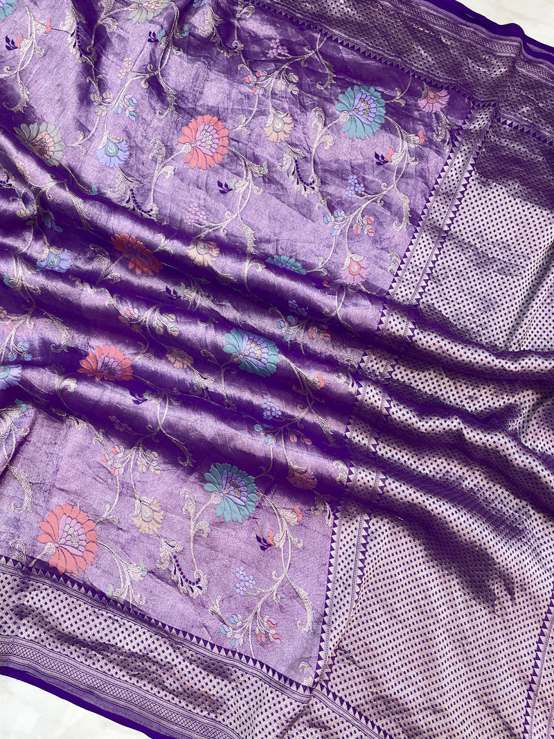 Purple Pure Tussar Georgette Brocade Handloom Banarasi Saree - The Handlooms