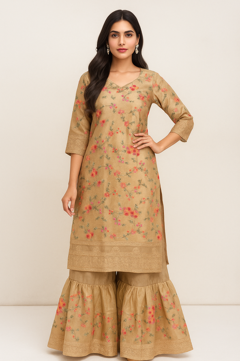 Pure Tussar Silk Kurta Sharara Set with Hand Chikankari Embroidery – Elegant Festive Wear for Women - The Handlooms