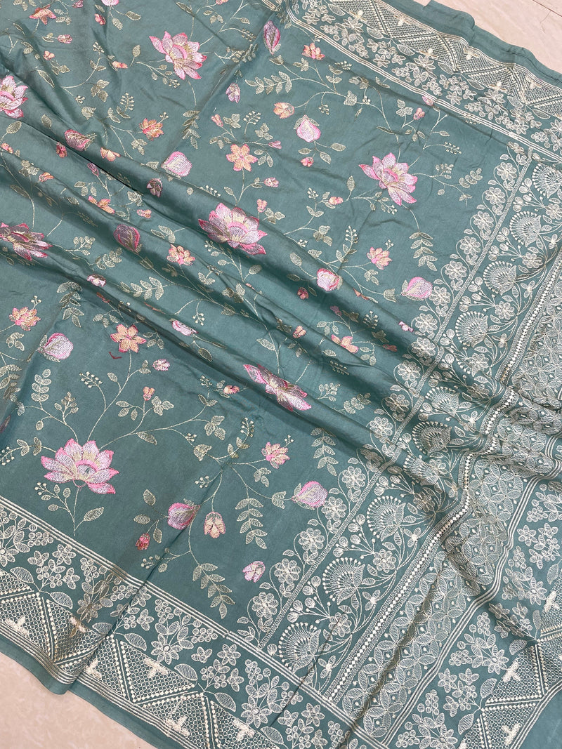 Pure Chiniya Silk Handloom Banarasi Saree With Chikankari - The Handlooms