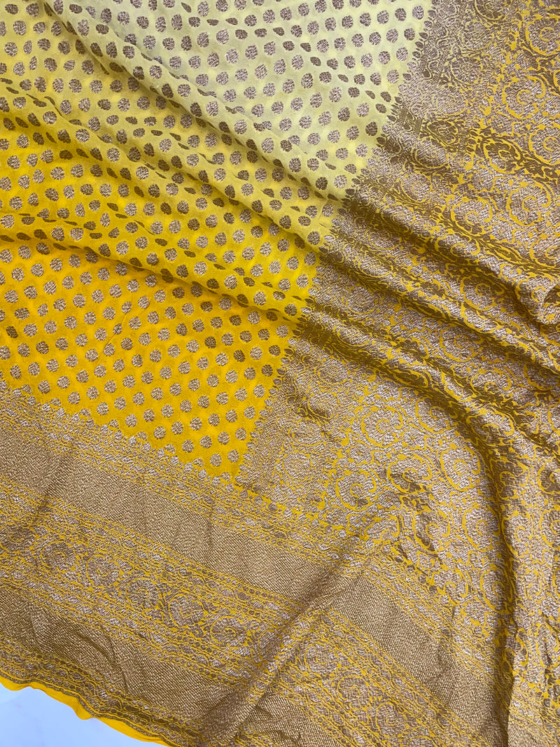Yellow Shaded Pure Khaddi Georgette Handloom Banarasi Saree - The Handlooms
