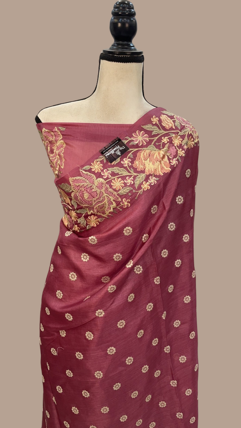 Tussar Silk Handloom Banarasi Saree With Chikankari - The Handlooms
