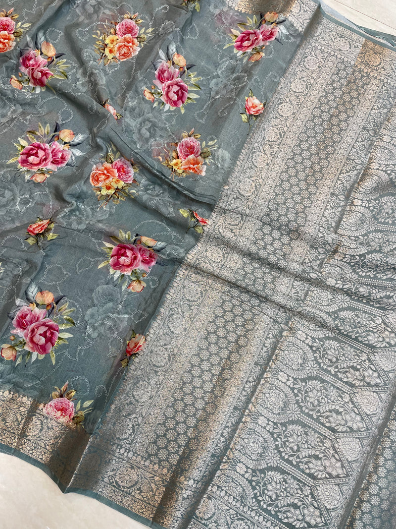 Pure Georgette  Digital Print with Chikankari Handloom Banarasi Saree - The Handlooms