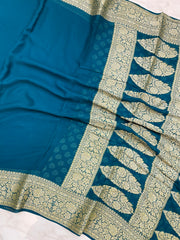 Peacock Blue Pure Chiffon Khaddi Banarasi Saree - The Handlooms