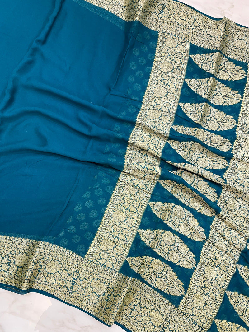 Peacock Blue Pure Chiffon Khaddi Banarasi Saree - The Handlooms