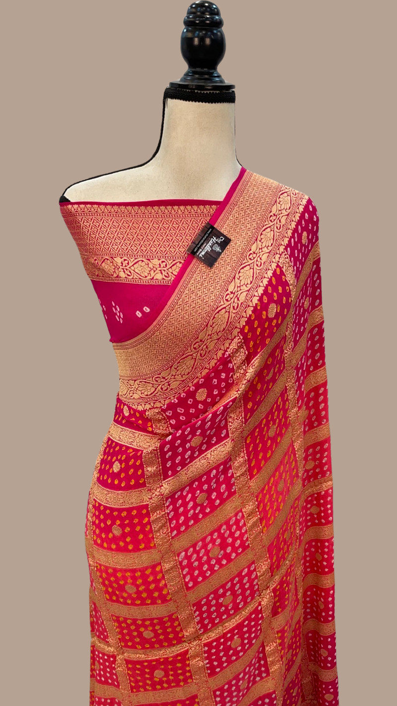 Dual Shade Pure Georgette Banarasi Bandhej Handloom Saree - The Handlooms