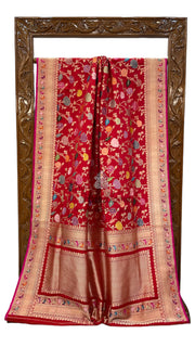 Red Ektara Pure Katan Silk Banarasi Handloom Saree - All over kadiyal Jaal work - The Handlooms