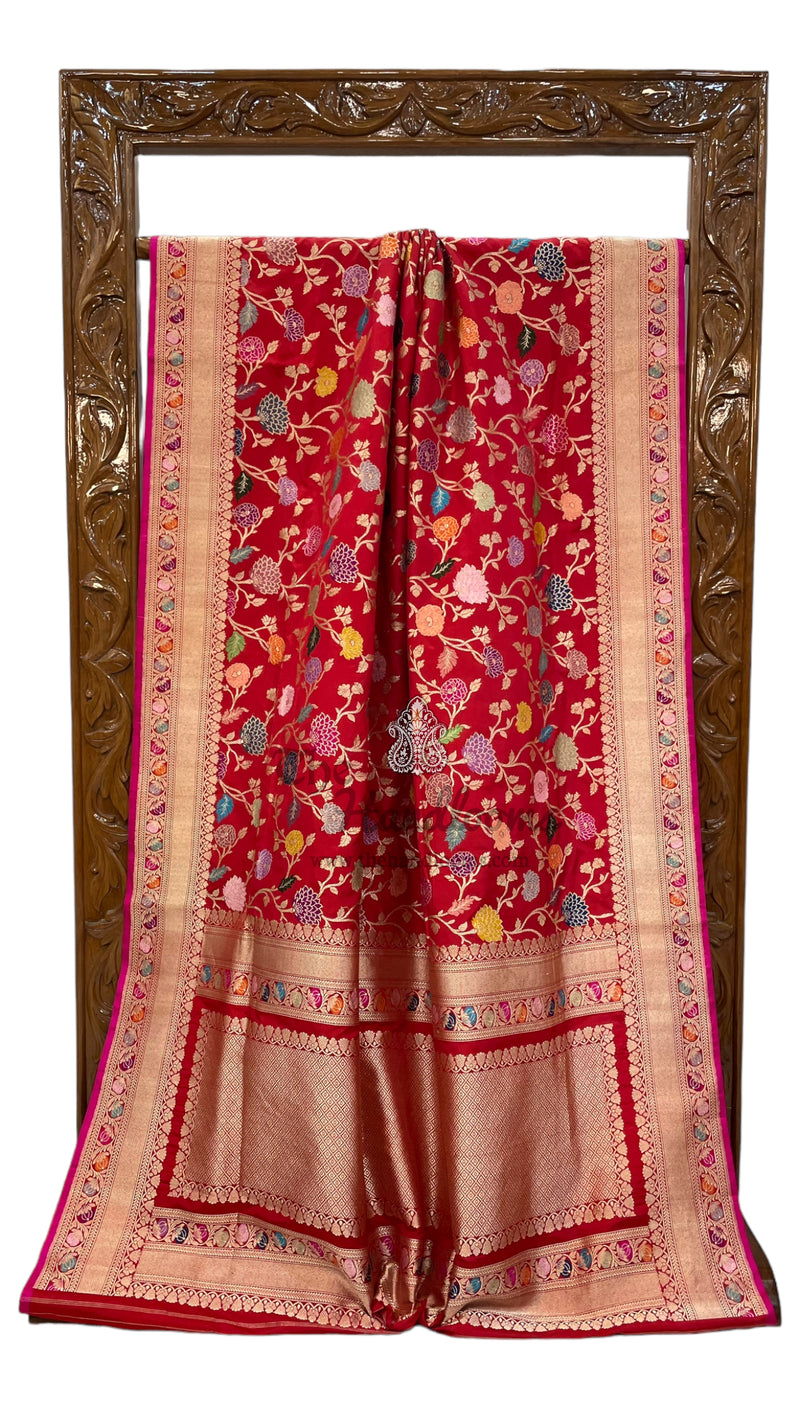 Red Ektara Pure Katan Silk Banarasi Handloom Saree - All over kadiyal Jaal work - The Handlooms