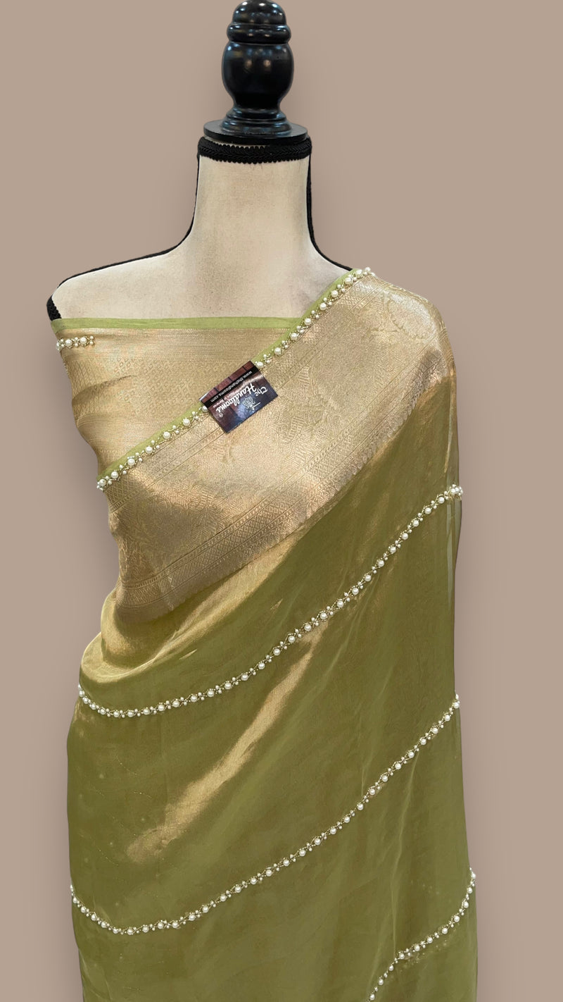 Pista Pure Kora Tissue Handloom Banarasi Saree - Handwork - The Handlooms