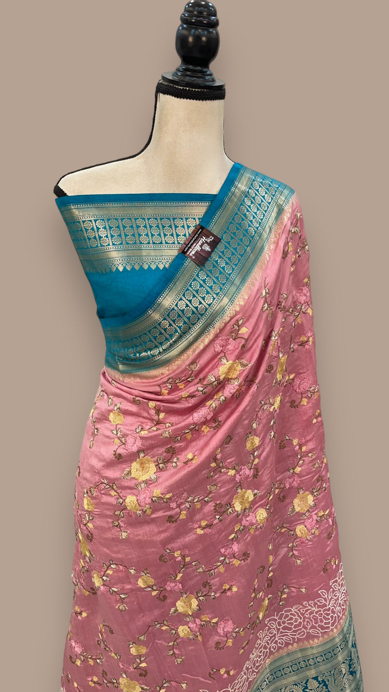 Pure Chiniya Silk Handloom Banarasi Saree with Chikankari - The Handlooms