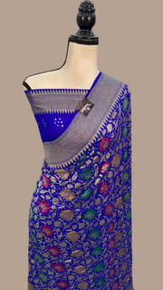 Royal Blue Pure Georgette Banarasi Bandhej Handloom Saree - with meenakari work - The Handlooms