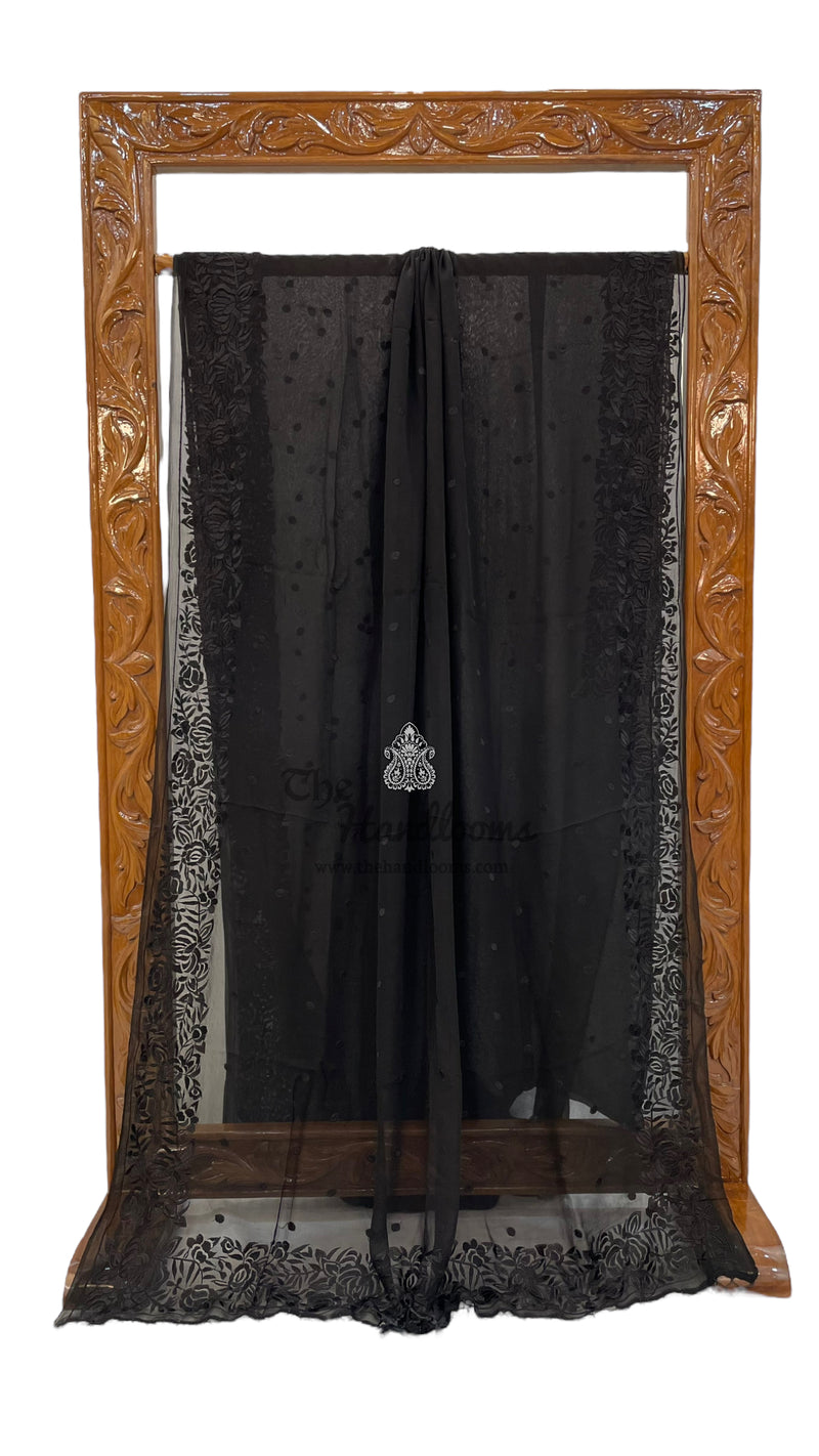 Black Pure Georgette Chikankari Handloom Banarasi Saree - The Handlooms