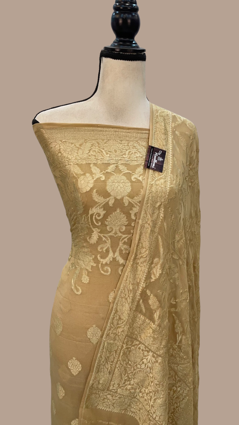 Beige Pure Khaddi Georgette Banarasi Dress material - The Handlooms