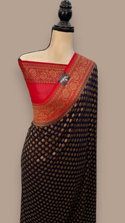 Black Pure Khaddi Georgette Handloom Banarasi Saree - The Handlooms