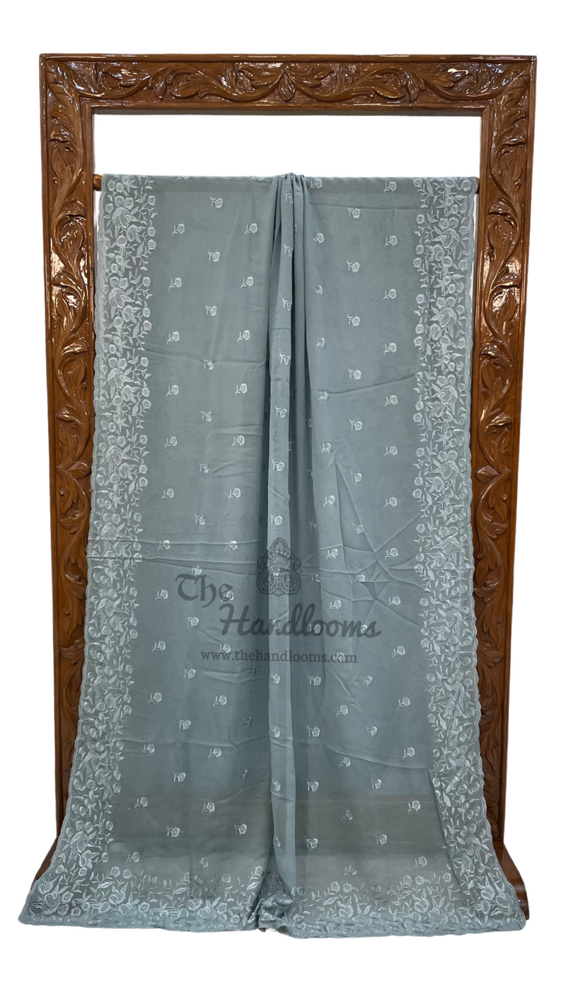 Pure Georgette Chikankari Handloom Banarasi Saree - The Handlooms
