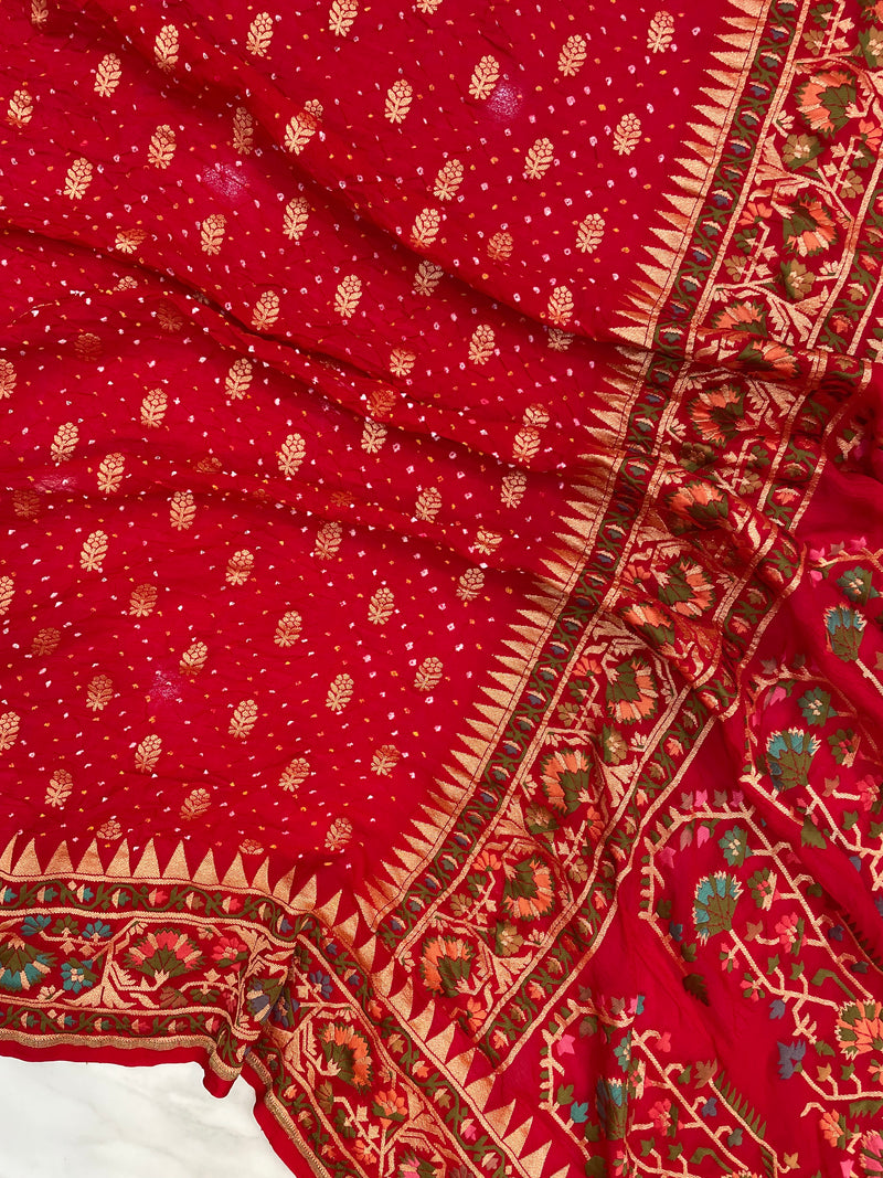 Pure Georgette Banarasi Bandhej Handloom Saree - with meenakari work - The Handlooms