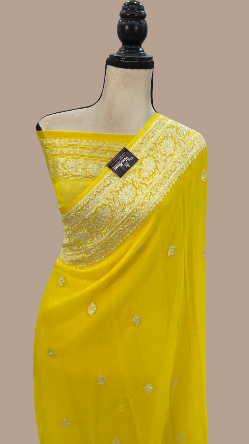 Yellow Pure Georgette Banarasi Handloom Saree - The Handlooms