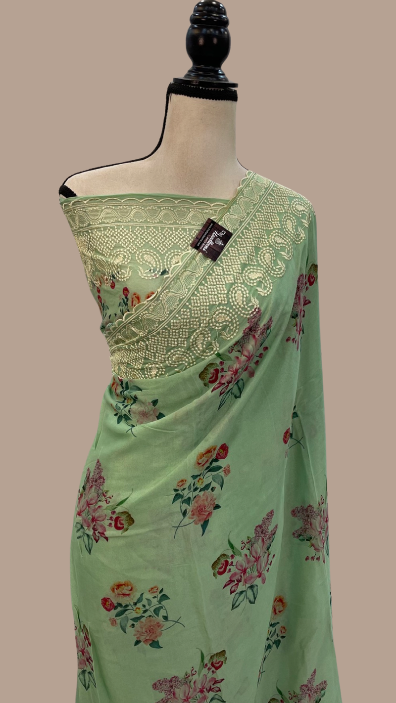 Pure Georgette Digital Print with Chikankari Handloom Banarasi Saree - The Handlooms