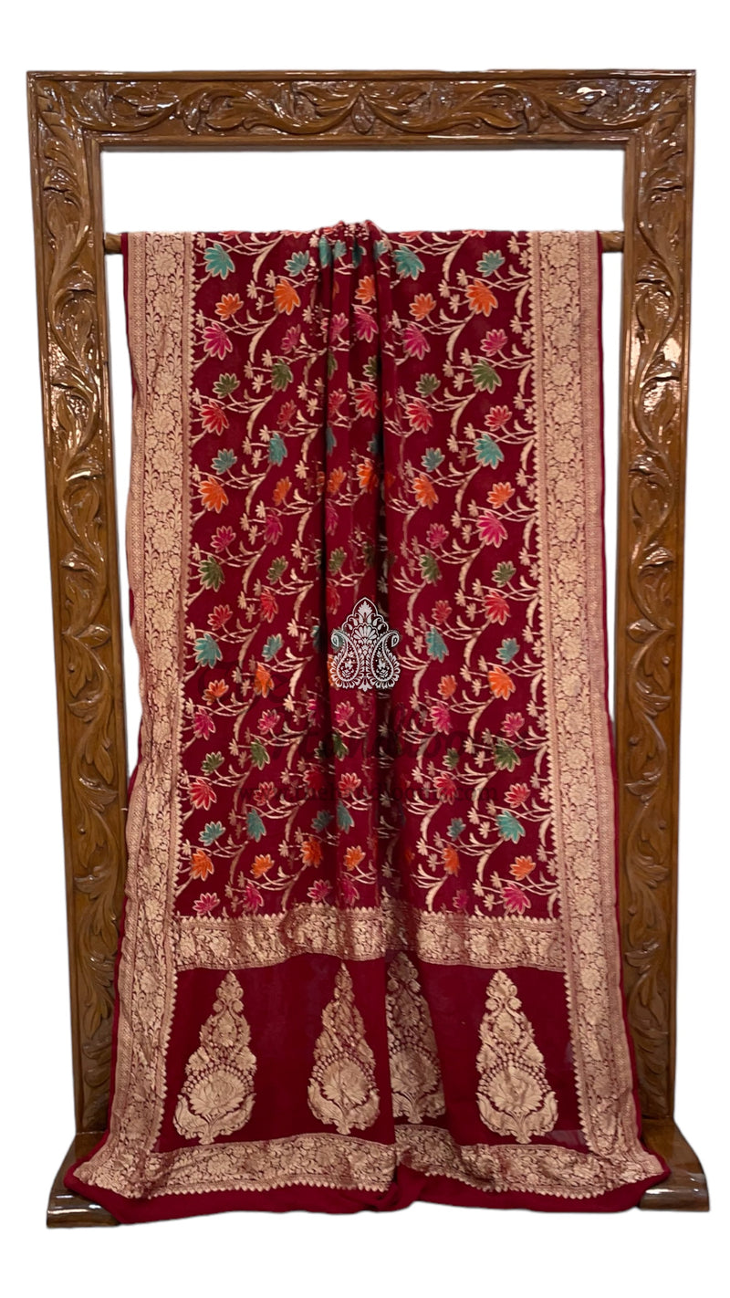 Khaddi Georgette Handloom Banarasi Saree - All over Jaal Work With Meenakari - The Handlooms