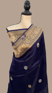 Navy Blue Pure Kora Handloom Banarasi Saree - Sona Roopa Alfi Kadua Boota - The Handlooms