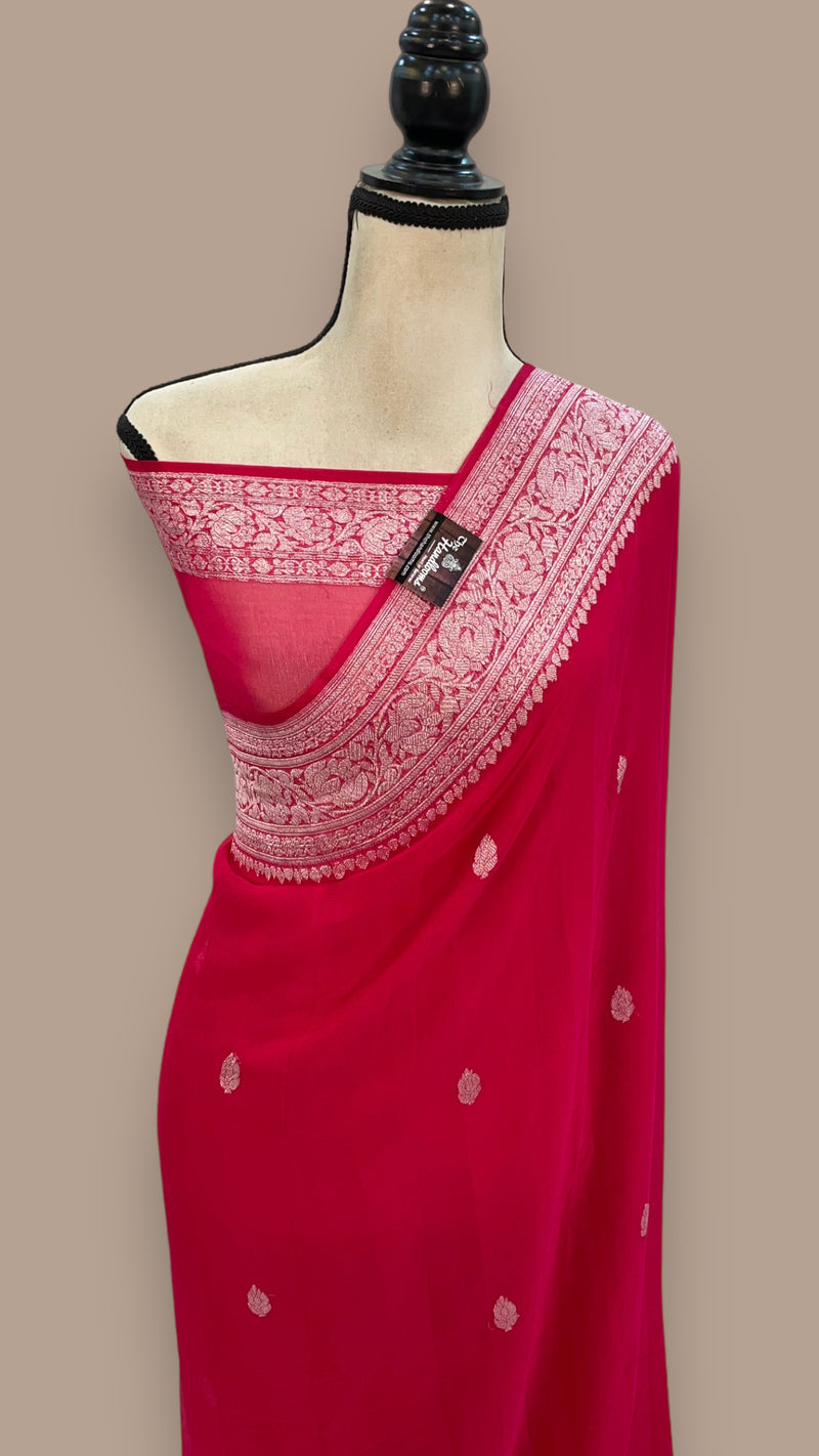 Hot Pink Pure Georgette Handloom Banarasi Saree - The Handlooms