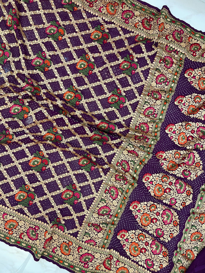 Pure Georgette Banarasi Bandhej Handloom Saree - with meenakari work - The Handlooms