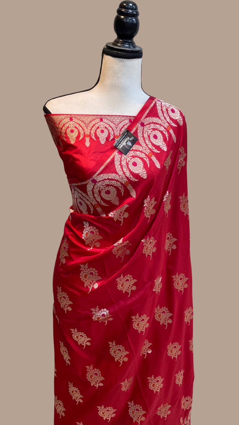 Red Pure Katan Silk Banarasi Handloom Saree - All over Jaal work - With Meenakari - The Handlooms